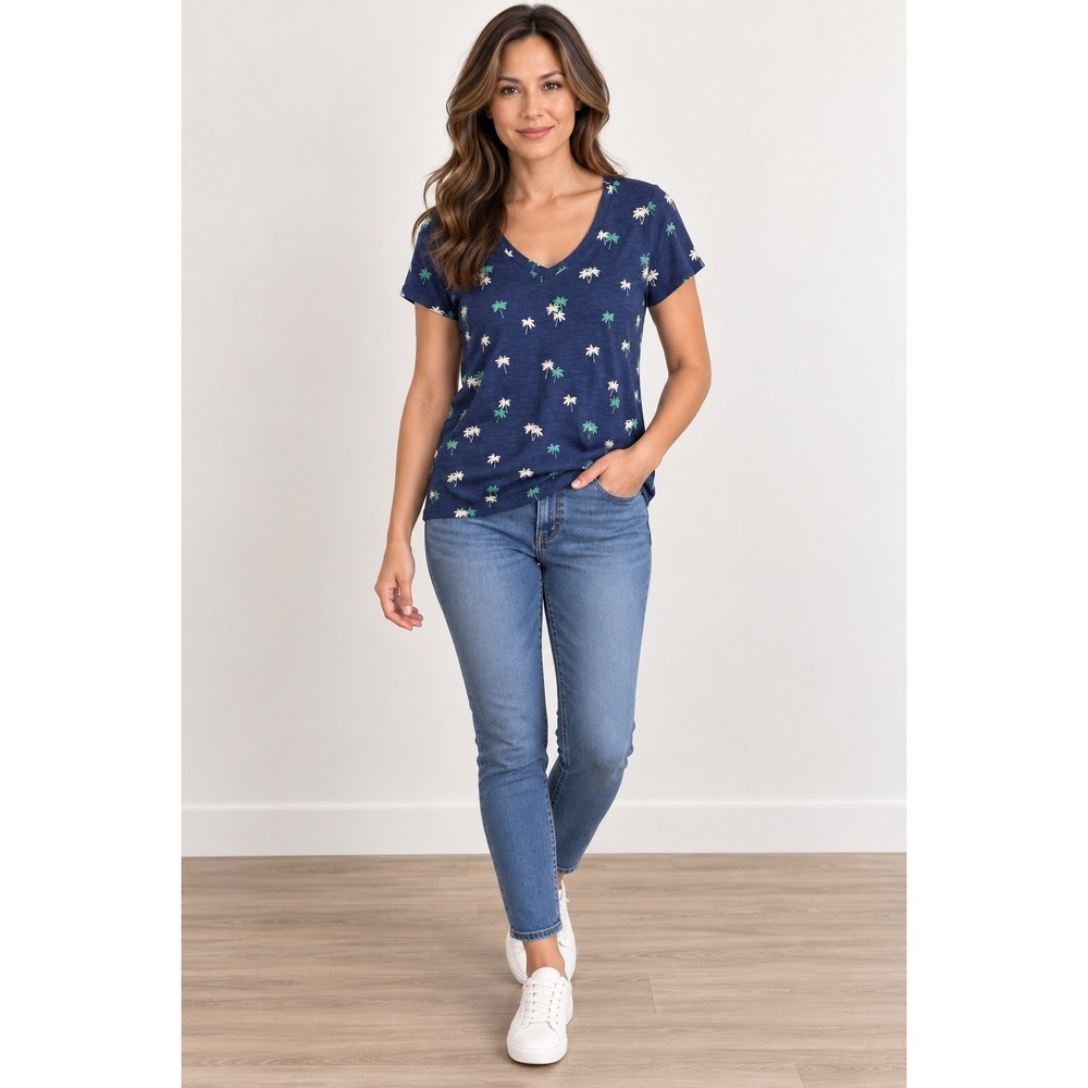 Maison Jules V-Neck Tee Navy Palm Tree Tropical Coastal Nautical Small Casual